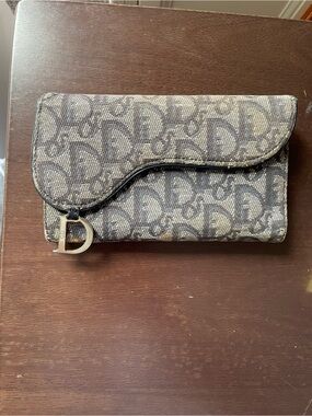 Dior Gray Monogram Canvas Wallet with Silver 'D' Charm